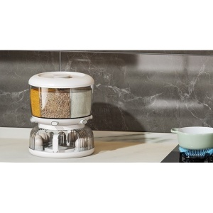 Dozator etajat de cereale Flippy, rotativ 360, 6 compartimente, capacitate 10L, cofrag special pentru oua, vas pentru scurgerea cerealelor, 35x27.5 cm, alb - Img 2