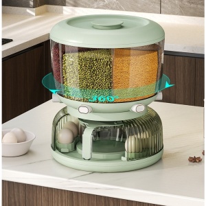 Dozator Etajat de Cereale Flippy, Rotativ 360, 6 Compartimente, Capacitate 10L, Cofraj Special pentru Oua, Vas pentru Scurgerea Cerealelor, 35x27.5 cm, Verde - Img 4
