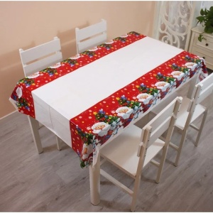 Fata de masa dreptunghiulara Flippy, PVC, 2.5 mm grosime, imprimeu Mos Craciun cu iepuras, potrivit pentru Craciun, utilizare multipla, 180 x 108 cm, alb