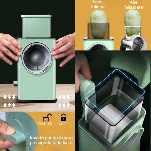 Feliator manual pentru legume Flippy, 3 lame din otel inxodabil, 3 tipuri de feliere, material carcasa ABS, latime maxima feliere 4 mm, baza de tip ventuza, usor si sigur de utilizat, 28.5 x 9,2 x 13.5 cm, verde - Img 4