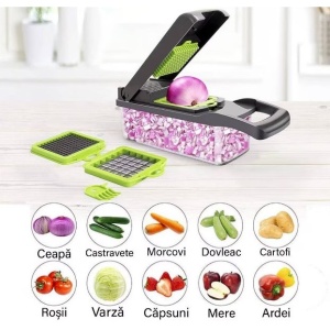 Feliator Multifunctional, Flippy, Razatoare, 8 in 1, pentru Fructe si Legume, 10 Piese, Lame de Inox, Recipient Stocare, Separator Oua, Protectie Mana, ABS, 32.2x11.3 cm, Verde/Gri - Img 3