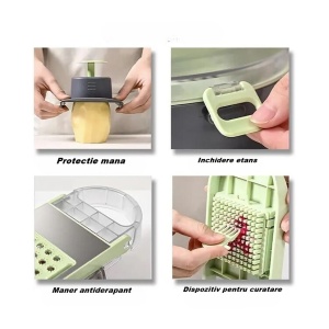 Feliator Multifunctional, Flippy, Razatoare, 8 in 1, pentru Fructe si Legume, 12 Piese, Lame de Inox, Recipient Stocare, Separator Oua, Protectie Mana, ABS, Gri/Verde, 29.5x9x21.8 cm - Img 4
