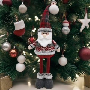 Figurina Decorativa, Pentru Craciun, Flippy, Mos Craciun, Picioare Telescopice, Inaltime Reglabila 44-54cm, Bluza cu Fulgi, Rosu/Gri - Img 1