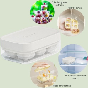Forma pentru gheata cu presa Flippy, din silicon alimentar, 6 cuburi, caserola pentru depozitare, usor de folosit si curatat, 10.5 x 7.5 x 4.1 cm, alb - Img 3