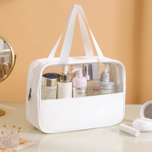 Geanta cosmetice Flippy, pentru voiaj sau organizare, material PVC/textil, impermeabila, portabila, 26 x 15 x 10 cm, alb - Img 8