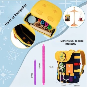 Ghiozdan Montessori, Flippy, pentru Copii 2-6 ani, Fidget Pop, cu Catarame si Fermoare, Jucarii Senzoriale, Activitate de Invatare prin Joc, Albastru Marin, 0.25 kg, 28x10x23 cm - Img 3