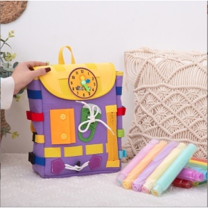 Ghiozdan Montessori, Flippy, pentru Copii 2-6 ani, Fidget Pop, cu Catarame si Fermoare, Jucarii Senzoriale, Activitate de Invatare prin Joc, Mov, 0.25 kg, 28x10x23 cm - Img 5
