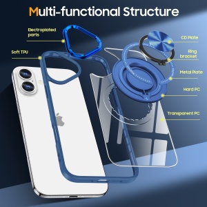 Husa de Protectie TPU, Flippy, pentru iPhone 16 Plus, cu Incarcare Wireless, Tehnologie Magsafe, Inel Magnetic Rotativ cu Functie de Suport, Transparent-Albastru Inchis - Img 5