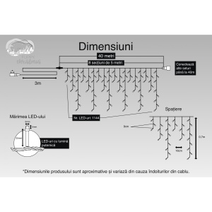 Instalatie Craciun, 40 m, 1144 Led-uri ,Franjuri, Alb cald, Flash, Transformator cu telecomanda, Interconectabila, Prelungitor 3 m inclus, Fir Negru, Flippy - Img 3