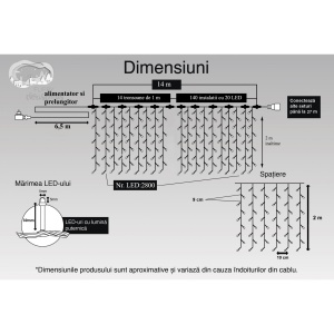 Instalatie Craciun Profesionala de Exterior IP65, Tip Perdea, 14m x 2m, 2800 Led-uri Mari, Alb cald, cu flash, Alimentator si prelungitor 6,5 m, Interconectabila, Fir negru, Flippy - Img 6