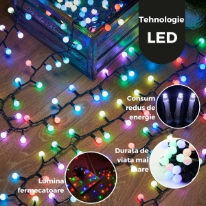 Instalatie de Craciun Liniara RGRB Yoto, 10 m, din care 1 m Prelungitor 220V, 40 LED, Bilute Mate, Interconectabila, Utilizare Interior/Exterior, Fir Negru, multicolor - Img 3