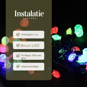 Instalatie de Craciun Liniara RGRB Yoto, 10 m, din care 1 m Prelungitor 220V, 40 LED, Model Anise, Utilizare Interior/Exterior, Interconectabila, Fir Negru, multicolor - Img 6