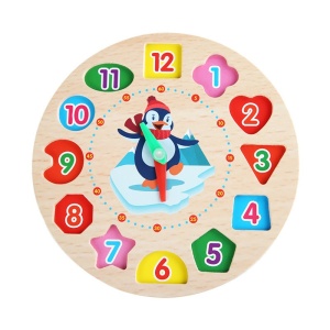 Jucarie Educativa Flippy, Tip Montessori, Model Ceas Pinguin, din Lemn, + 36 Luni, 12 Piese, 17.2 cm, Multicolor - Img 1