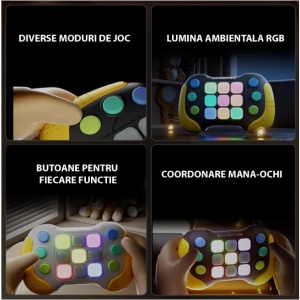 Jucarie Interactiva Flippy, Tip Consola Pop It, 6 butoane functionale, 5 Moduri de Joc, 600 Niveluri, + 3 ani, Galben/Negru - Img 10