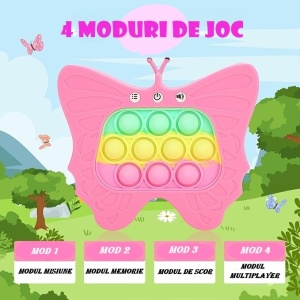 Jucarie Interactiva Tip Consola pentru Copii, Flippy, Diferite Moduri de Joc, 120 Nivele, Material ABS/silicon, Sunete si Lumini, 12 x 5.5 x 13.5 cm, Model Fluture, Fucsia - Img 2