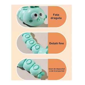 Jucarie mecanica pentru copii Flippy, omida haioasa, cu cheita, distractiva, se taraste, se misca, 15 x 4 cm, verde - Img 4