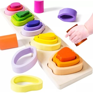 Jucarie Montessori din Lemn, Flippy, Tip Puzzle, cu 5 Forme Asimetrice, 15 Piese, Model Fructe, Educativa, Interactiva, Creativa, Materiale Non Toxice, +2 Ani, 29x6.5 cm, Multicolor - Img 2