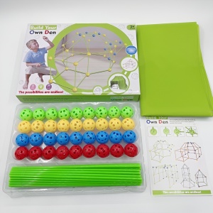 Kit de Constructie Fort 3D pentru Copii, Flippy, 560 g, 36 Sfere, 51 Tije, Panza Verde Impermeabil, 3 ani, Educativ, Multicolor - Img 3