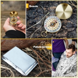 Kit supravietuire multifunctional 16 in 1 Flippy, Instrumente profesionale, Agatatoare ghiozdan, pentru Camping, Drumetii, Aventuri in aer liber, borseta inclusa, negru - Img 2