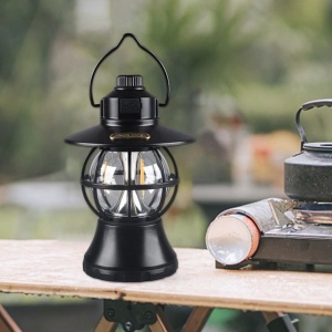 Lampă de camping retro portabilă, Felinar Vintage LED ABS, Acumulator inclus 1200 mAh, reincarcabila, 20 cm inaltime, 3 moduri de iluminare, intensitate reglabila,Lampa portabila pentru cort în aer liber, Negru - Img 3