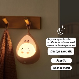 Lampa de veghe portabila cu 2 moduri de functionare Flippy, silicon non-toxic, reincarcabila USB, senzor miscare, alb, iepuras - Img 3