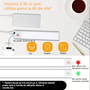Lampa LED cu Senzor de Lumina si Miscare 20 cm Flippy, Intensitate Reglabila, Suport Magnetic, 34 LED-uri, 71.49lm , Acumulator 450mAh cu Reincarcare prin USB-C, pentru Bucatarie, Hol, Dressing, Garaj - Img 4