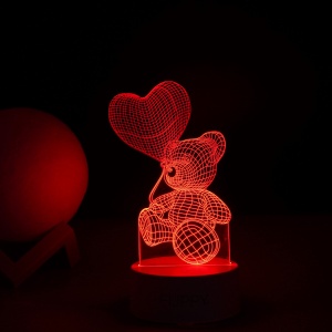Lampa LED decorativa, Flippy, 3D, Ursulet cu balon inima, cu telecomanda, doua moduri de alimentare USB si baterii, 20 cm inaltime, din material acril si lumina multicolora, alb - Img 5