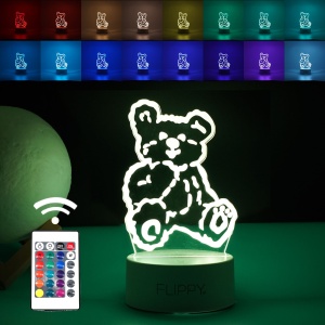Lampa LED decorativa, Flippy, 3D, Ursulet, cu telecomanda, doua moduri de alimentare USB si baterii, 20 cm inaltime, din material acril si lumina multicolora, alb - Img 1