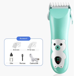 Masina De Tuns Bebelusi si Copii, Flippy, Display Digital, Lame Cermice si Inox, Fara Fir, Functie Anti Taiere, Silentios, 50 W, Rezistent la Apa, 2 Accesorii, Incarcator USB, Model Ursulet, Verde - Img 2