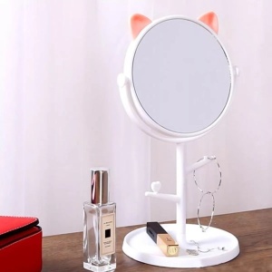 Oglina Cosmetica cu Picior, Flippy, HD, Rotire 360 Grade, 15 cm Diametru, Suport Bijuterii Baza Rotunda + 2 Brate, Model cu Urechi, 31 x 14.5 x 15 cm, din Plastic, Alb - Img 4