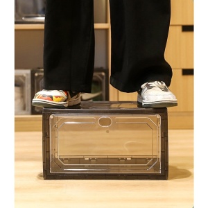 Organizator de Pantofi, Flippy, din PP+ABS, Usa Laterala Magnetica, Rezistenta la Praf, Anti-Oxidare, Utilizare Multipla, 36 x 28 x 21 cm, Gri Transparent - Img 4