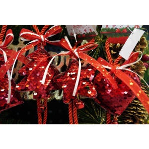 Ornament de brad clopotel cu paiete, Flippy, rosu, lemn, 25 cm - Img 7
