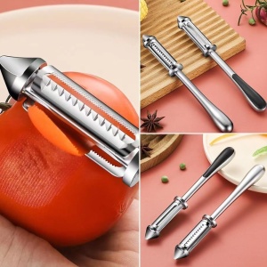 Peeler 2in1 pentru Legume si Fructe, Flippy, Multifunctional, cu 2 Lame de Curatati si Feliat, Varf Ascutit pentru Gaurit, 18 cm, din Otel Inoxidabil, Argintiu/Negru - Img 4