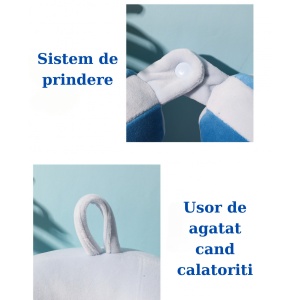 Perna de Calatorie, Flippy, Pentru Gat si Cap, Umplutura din Bumbac, 28x28x10 cm, cu Model Brodat Delfin, Albastru - Img 5