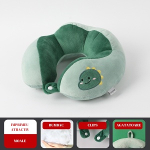 Perna de Calatorie, Flippy, Pentru Gat si Cap, Umplutura din Bumbac, 28x28x10 cm, cu Model Brodat Dinozaur, Verde - Img 6