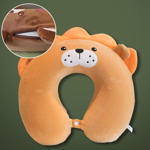 Perna de Calatorie in Forma de U, Flippy, Pentru Gat si Cap, Umplutura din Spuma cu Memorie, 30x30 cm, Model Leu, Accesoriu de Voiaj, Birou, Masina, Sistem Prindere Capse, Maro - Img 2