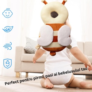 Perna tip Rucsac pentru Protectia Capului, Flippy, Tetiera tip Albina, pentru Bebelusi, Design tip Plasa, 33x6x19 cm, 180 g, Maro/Bej - Img 8