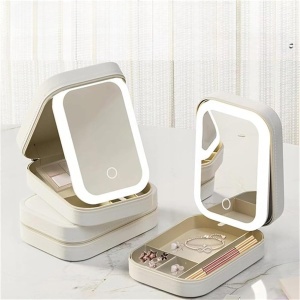 Portfard, Flippy, Geanta Cosmetice, cu Oglinda LED, 3 Moduri de Lumina, Incarcare USB, Baterie 1200 mAh, pentru Organizarea Cosmeticelor, 4 Compartimente, Imitatie Piele, Alb, 16.5x11.5x6 cm - Img 6