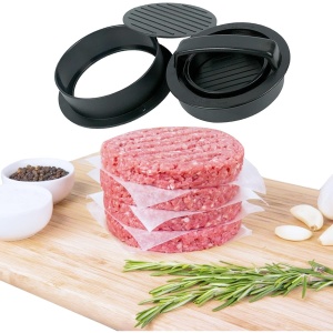 Presa dubla pentru hamburgeri 2 in 1, forma si presa, doua dimensiuni, cu maner, usor de curatat si folosit, material ABS, 100 de foi hartie de copt incluse, 13x13.5x7 cm, fara lipire, neagra - Img 4