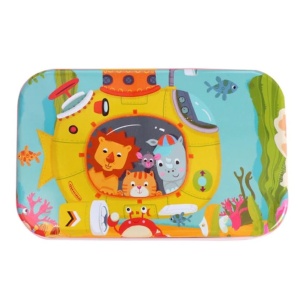 Puzzle 60 de Piese din Lemn in Cutie Metalica, Flippy, Model Submarin, Educativ, Dezvoltare Abilitati Cognitive, pentru Prescolari, 22.5x13.5 cm, Multicolor - Img 6