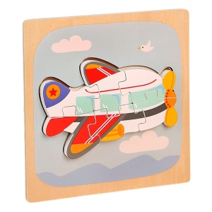 Puzzle Montessori din Lemn pentru Copii, Flippy, 3D, 0-3 Ani, Model Avion, Educativ, Intuitiv, Creativ, 6 Piese, 15x15x0.5 cm, Multicolor - Img 1