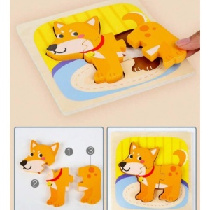 Puzzle Montessori din Lemn pentru Copii, Flippy, 3D, 0-3 Ani, Model Catel, Educativ, Intuitiv, Creativ, 3 Piese, 15x15x0.5 cm, Multicolor - Img 9