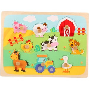 Puzzle Montessori din Lemn pentru Copii, Flippy, 3D, 0-3 Ani, Model Ferma, Educativ, Intuitiv, Creativ, 9 Piese, 30x22.5x0.8 cm, Multicolor - Img 1