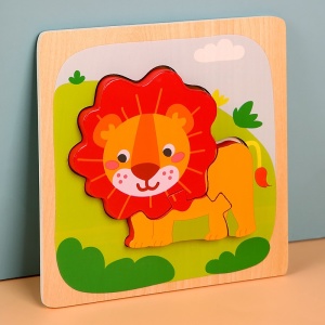 Puzzle Montessori din Lemn pentru Copii, Flippy, 3D, 0-3 Ani, Model Leu, Educativ, Intuitiv, Creativ, 3 Piese, 15x15x0.5 cm, Multicolor - Img 3