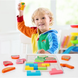 Puzzle Montessori din Lemn pentru Copii, Flippy, Tip Tetris 2in1 +3 Ani, cu Fructe Colorate 3D, Educativ, Intuitiv, Creativ, 21 de Piese, 28.5x17x1.2 cm, Multicolor - Img 6