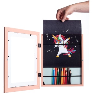 Rama Foto Flippy, cu Magnet, din Lemn, cu Spatiu Pentru Depozitare, Pentru Desene si Picturi A4, Sticla Securizata, Rama MDF, 21x30 cm, Roz - Img 6