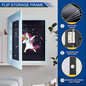 Rama Foto Flippy, cu Magnet, din Lemn, cu Spatiu Pentru Depozitare, Pentru Desene si Picturi A4, Sticla Securizata, Rama MDF, 21x30 cm, Albastru - Img 10