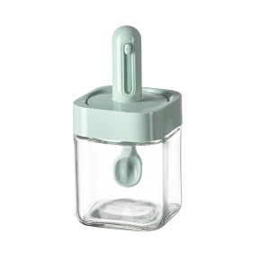Recipient pentru Depozitarea Condimentelor, Flippy, Borcan din Sticla, Capac si Lingura Incorporate, Uz Casnic, 300 ml, 7.1x7.1x14.8 cm, Verde - Img 1