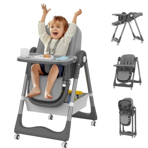 Scaun de Masa pentru Bebelusi si Copii, Flippy, 2 Tavite si Husa Detasabile, Multifuncțional, Stabil, Centura de Siguranta, Inaltime Ajustabila, Spatar Reglabil Moale, Cos de Depozitare, 100x50x80cm, de la 6 Luni, Gri - Img 7