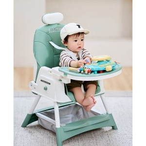 Scaun de Masa pentru Bebelusi si Copii Flippy, cu Roti, cu Tetiera, Telescopic, Pliabil, Masuta Reglabila, Suport Picioare, Scaun cu Invelis Piele Artificiala, Centura Siguranta, Spatiu Depozitare, 97 x 73 x 65 cm, Albastru - Img 4